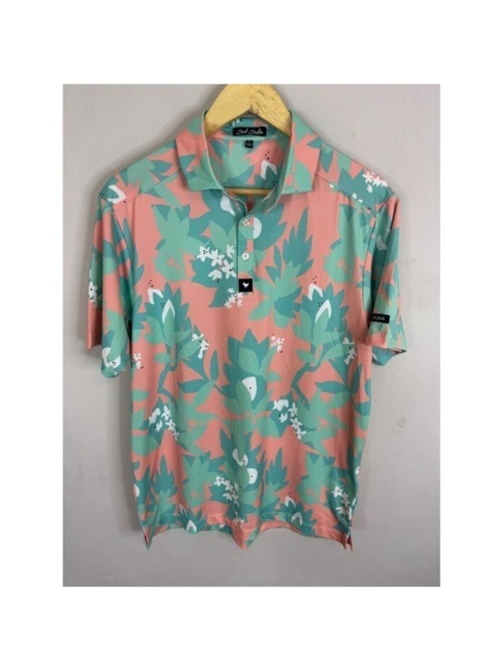 Bad Birdie Mens S Peach Mint Green Tropical Floral Performance Golf Polo Shirt